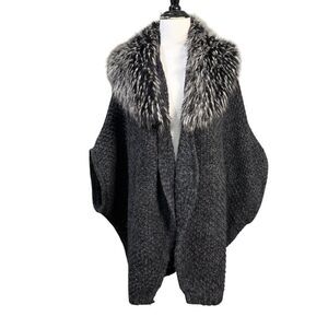 Ann Taylor Faux Fur Trim Cape Sweater Cardigan Charcoal grey